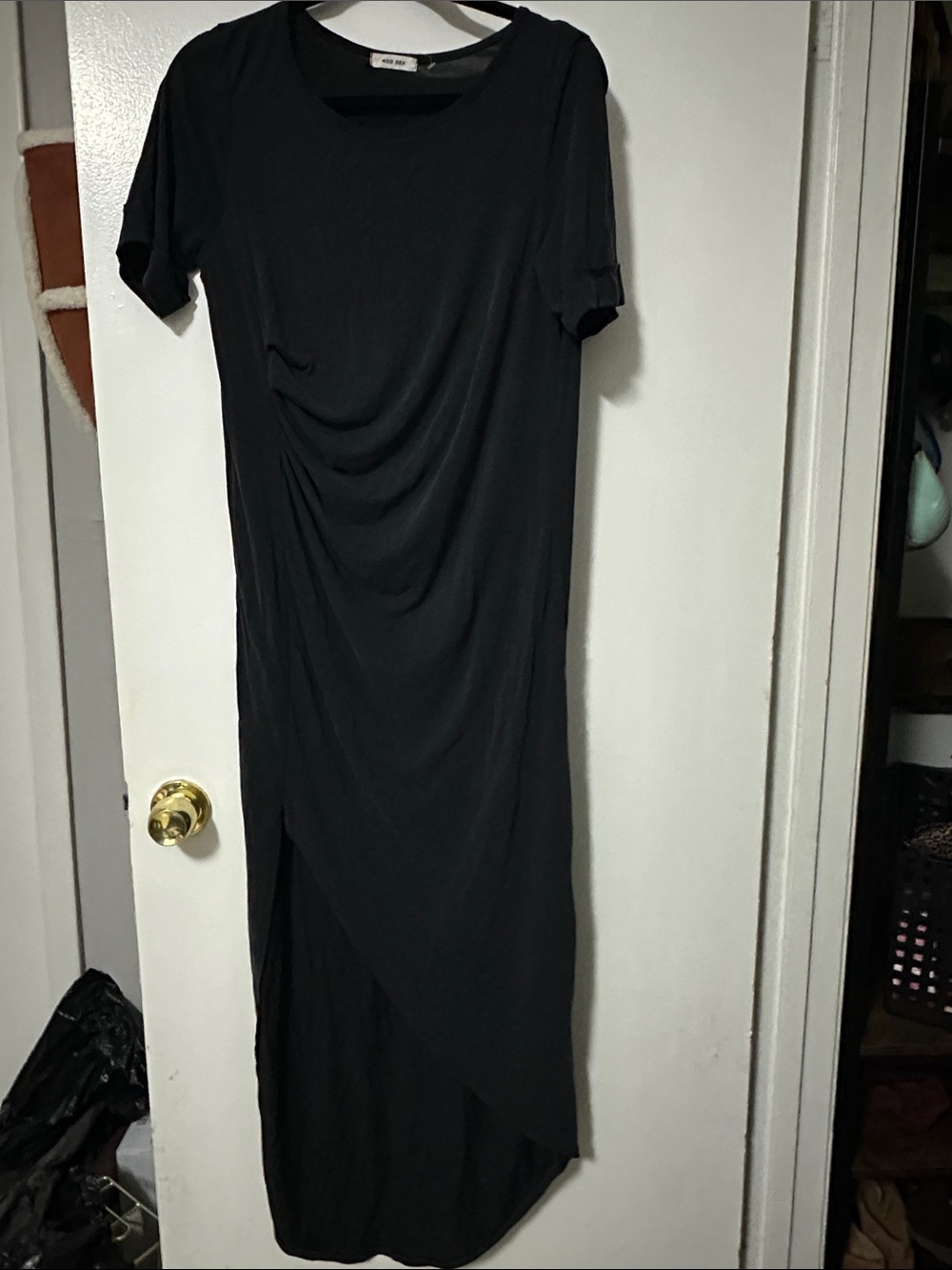 Mod Ref Black Short-Sleeve Draped Maxi Dress